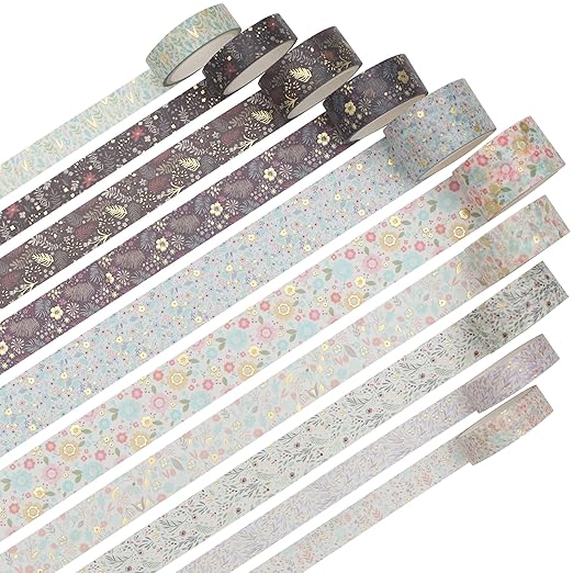 YUBX Creative Washi Tape Set 10 Rolls Gold Foil Print Decorative Masking Tapes for Arts, DIY Crafts, Journals, Planners, Scrapbook, Wrapping (Garden Maze)