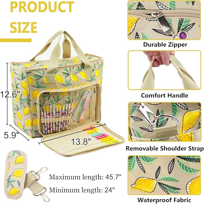 Mdoker Knitting Bags and Totes Organizers Large Crochet Bag Lightweight Yarn Bags for Travel Yarn Storage Organizers for Crochet Hooks,Yarn,Knitting & Crochet Supplies (Yellow Lemon)