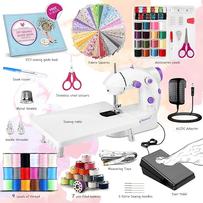 Mini Sewing Machine for Beginners-Maquina de Coser, Easy Automatic Sewing Machine with Extension Table, Household Electric Portable Sewing Tool with Sewing Kit, Small, for All Age, Kids or Adults