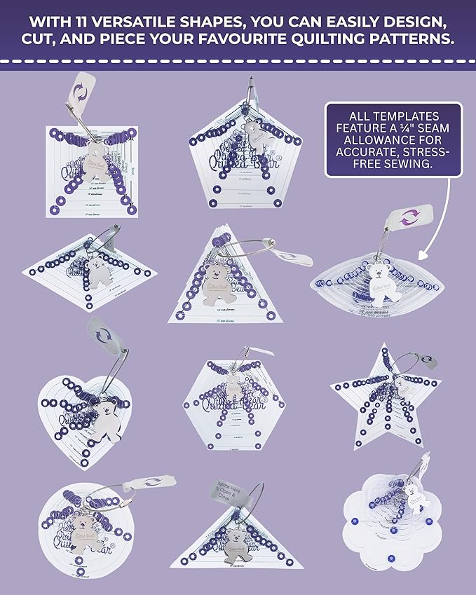 The Quilted Bear Flower Quilting Templates – 8 Clear Non-Slip Acrylic Quilt Templates for Precise Fabric Cutting & Stress-Free Machine Quilting - Ideal for Quilt & Sewing Supplies (¾–3")