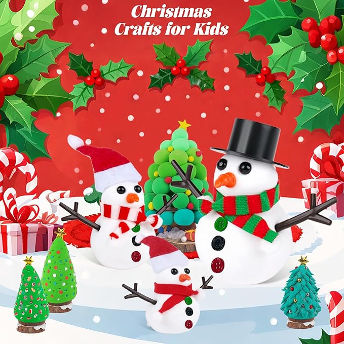 24 Pack Build a Snowman & Christmas Trees Clay Kit for Kids – Colorful Air Dry Clay Christmas Craft Set, Modeling Craft DIY Set, 2-in-1 Snowman Tree Activity, Creative Xmas Gift for Boys Girls