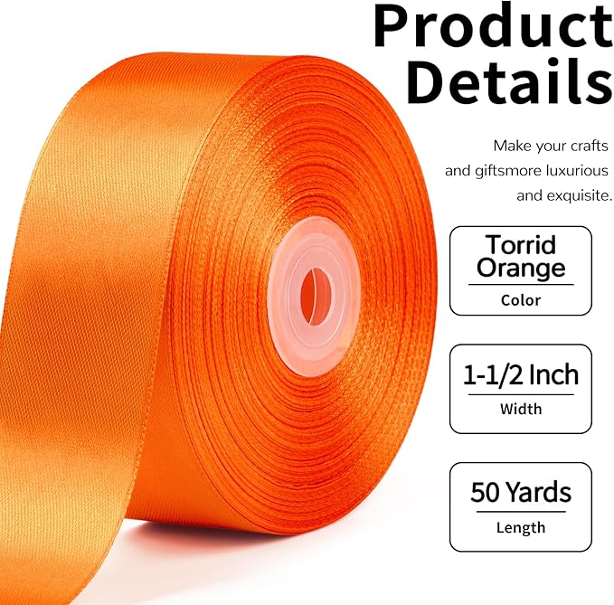 1-1/2 Inch Wide Torrid Orange Satin Ribbon, 50 Yards Solid Polyester Fabric Ribbon for Roses Making, Gift Wrapping, Valentine's Day, Wedding Decorations, Crafts, Bows, Flower Bouquets