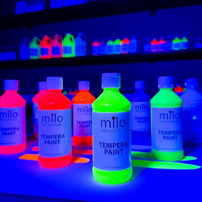 milo Fluorescent Neon Washable Paint | 8 oz Bottles 8 Colors | Made in the USA | Glows UV in Black Light | Safe & Non-Toxic Tempera Paint for Art & Craft, Poster, Window, Classroom, School