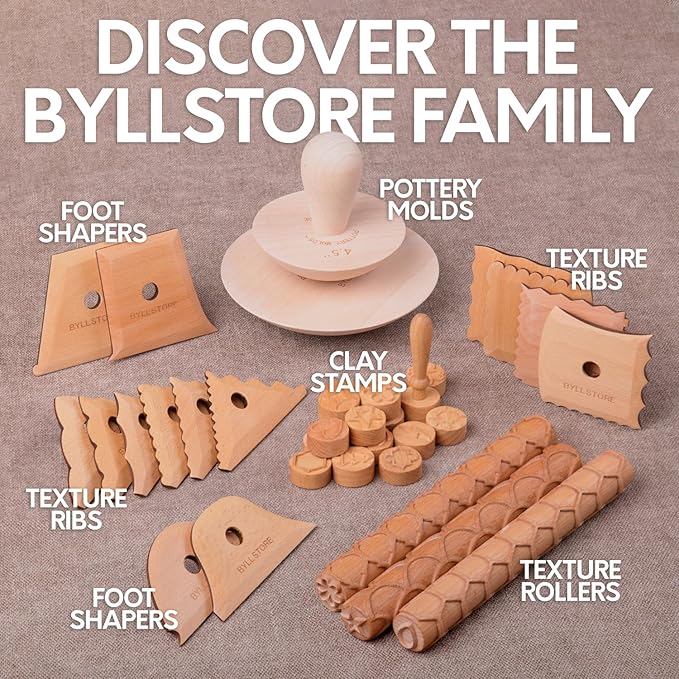 Byllstore Triangle Pottery Ribs & Trimming Tools | 2 Foot Shaper Tools | 6 Clay Texture Ribs | Solid Beech Wood | 8-Pack