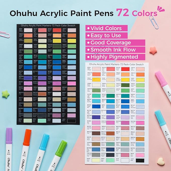 Ohuhu Acrylic Paint Markers Dual Tips: 72 Colors Brush & Dot Paint Pens High Opacity Acrylic Markers Waterproof Lightfast for Christmas Gifts Rock Painting 3D Prints Egg Wood Glass Ceramic DIY Crafts