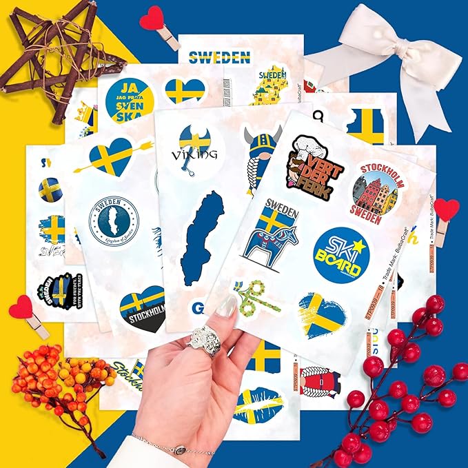 BulbaCraft Swedish Stickers for Water Bottle and Laptop - Nordic Party Supplies & Decorations, Waterproof Vinyl Swedish Decals, Sweden Flag and Culture Stickers Laptop Decals, Gifts for Women & Men