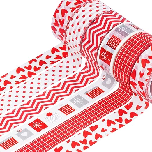 choyaxo 6 Rolls Valentine's Day Washi Tape 0.6" x 16.4ft Love Heart Pattern Masking Tape Great for DIY Journal, Calendar, Gift Wrapping, Wedding