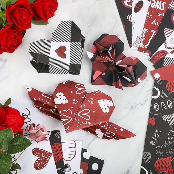 Valentines Pattern Paper Double Sided Valentine Decorative Scrapbook Craft Paper,Love Heart Red Black Cardstock for Valentines Craft Supplies Card Making Scrapbook(12 Design,24 Sheet,11 x 11 Inch)