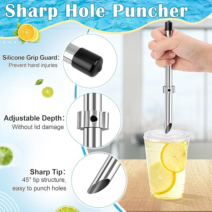 5Pcs Straw Hole Puncher Set, Luxiv 304 Stainless Steel Straw Puncher for Plastic Lids Hole Punching Tools for Drinks Coffee Lemonade Stand Tool Set with Muddler, Stirring Rod, Ice Tweezers, Brush