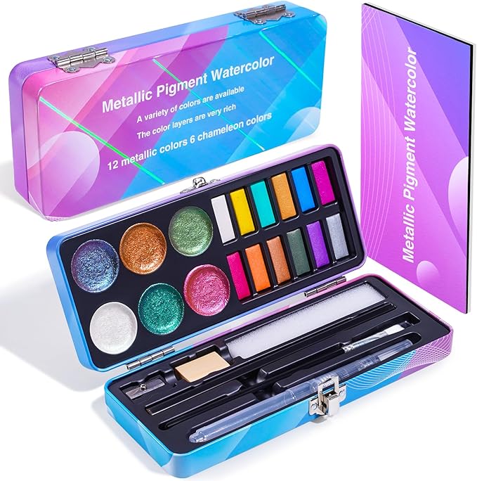 Watercolor Paint Set,18 Colors Glitter Watercolor Paint(12 Metallic Colors and 6 Chameleon Colors),Portable Travel Watercolor Set with Water Brush Pen,Pencil,Eraser,Watercolor Paper,for Adult Beginner