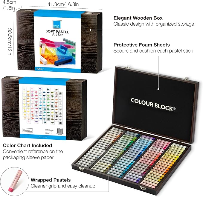 COLOUR BLOCK Soft Pastels for Artists - 100 Colors Square Chalk Pastels Set in Wooden Box - Vibrant Pigments Art Kit for Painting, Drawing, Sketching, Hobbyists, Students.