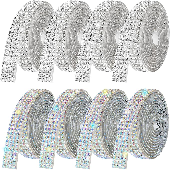 Rhinestone Ribbon Self Adhesive, 8-Rolls Bedazzling Strips, 8-Yard Rhinestone Strips for DIY Craft, Rhinestones Tape Self Adhesive, AB Crystal and Transparent Crystals Color