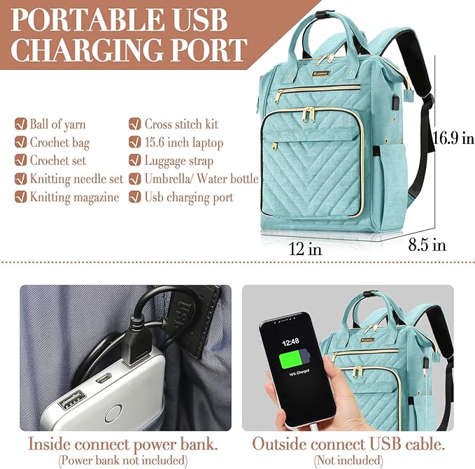 Knitting Bag Backpack, Yarn Organizer with USB Charging Port, Quilted Backpack for Women, Christmas Gifts Large Travel Crochet Bag Totes for Crochet Hooks, Knitting Needles, Yarn Supplies, Teal