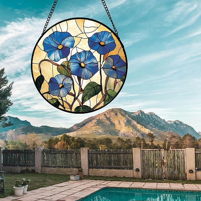 Stained Glass Window Hanging - Morning Glory Suncatcher for Door Garden Home Decor Birth Flower Sun Catcher Christmas Birthday for Lovers Friend Women Mom Nana 9.8 in