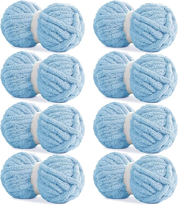 HOMBYS Sky Blue Chunky Chenille Yarn for Hand Knitting,Fluffy Soft Jumbo Yarn Crocheting,Super Bulky Big Yarn for Chunky Blanket,Large Thick Arm Knitting Yarn,8 Pack Plush Yarn