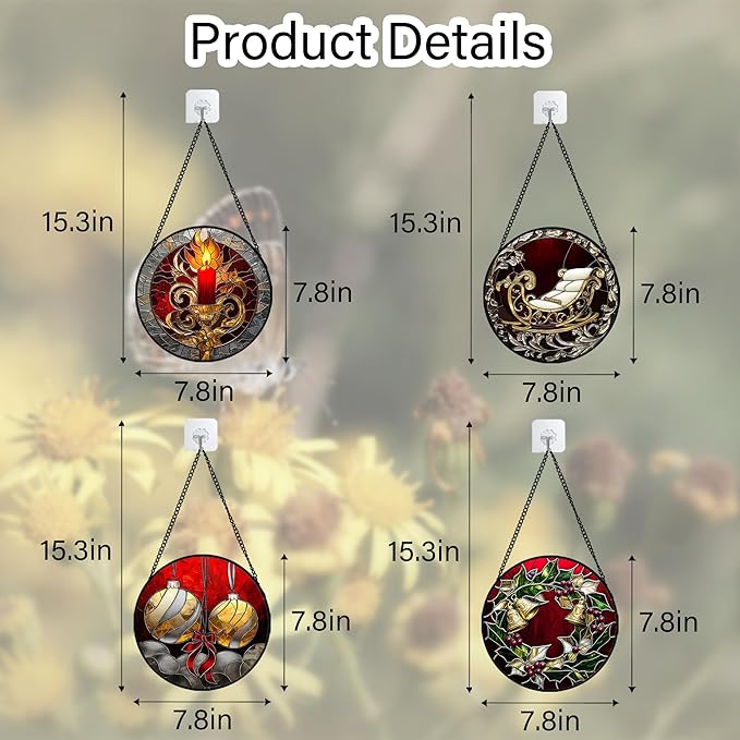 Stained Glass Window Hanging 4 Pcs Set Christmas Golden Bell Sleigh 7.8" - Suncatcher Door Garden Sun Catcher Decor Birthday Mother's Day Xmas Gifts for Mom Woman Nana Men Parents