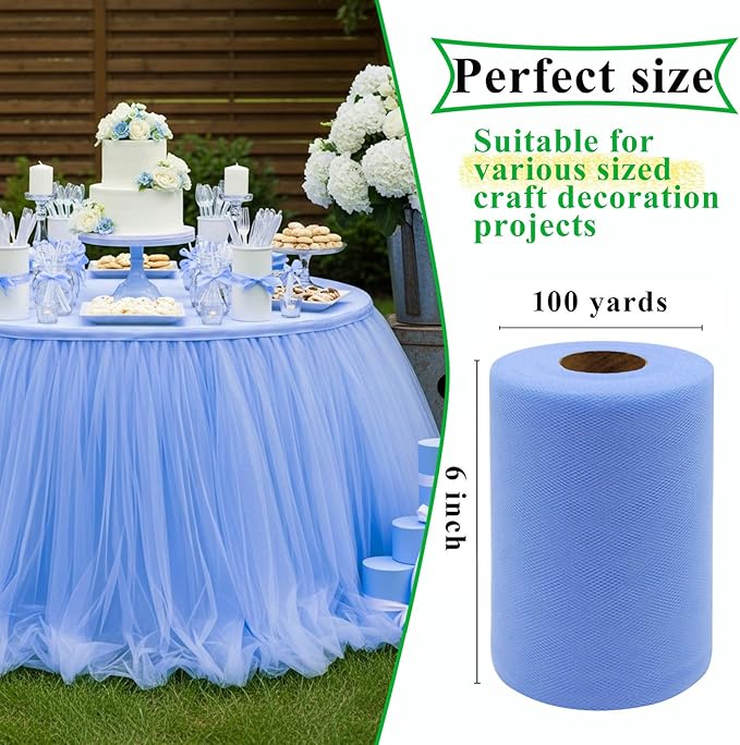 Powder Blue Tulle Fabric Rolls 6 Inch by 100 Yards (300 feet) Fabric Spool Tulle Ribbon for DIY Halloween Tutu Bow Baby Shower Birthday Party Wedding Decorations Christmas Craft Supplies