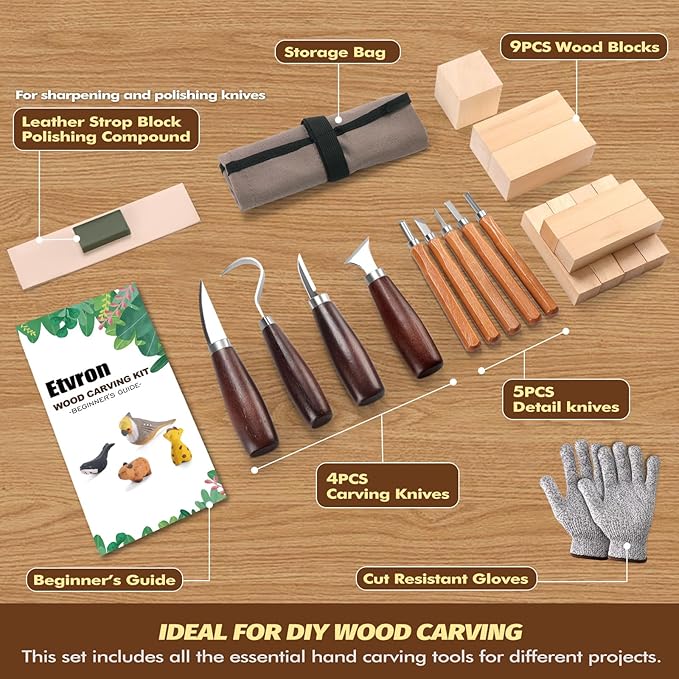 Wood Craving Kit,23Pcs Wood Craving Tools Include 4PCS Carving Knives,5PCS Detail Knives, 9PCS Blocks, Cut-Proof Gloves,Packaging, Beginner’s Guide,Whittling Kit for Kids and Adults Beginners.