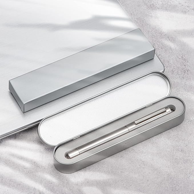 Hongdian 1861 Stainless Steel Fountain Pen Bent Nib, Classic Design Smooth Writing Pen with Converter and Metal Pen Case Set