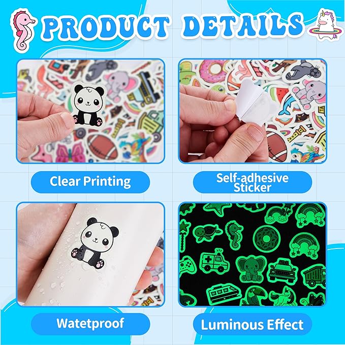 100 Pcs Glow in The Dark Cute Water Bottle Stickers for Kids, Cartoon Mixed Animals Laptop Decals, Waterproof Vinyl Skateboard Phone Case Scrapbook Stationery Box Decorative Sticker