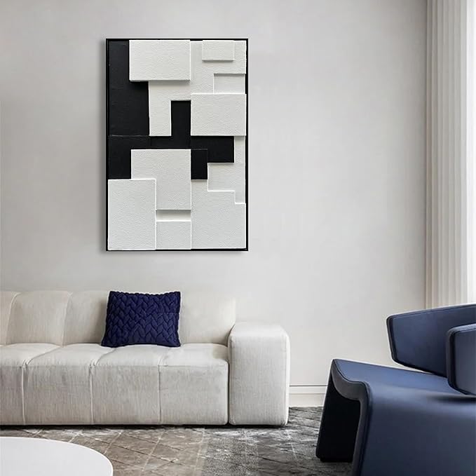 NANKAI Art Hand-Painted Black and White Thick Texture Abstract Art Contemporary Minimalist Art Oil Painting Home Office Wall Decoration Painting 36x24 inches (with Solid Wood Exterior Frame)