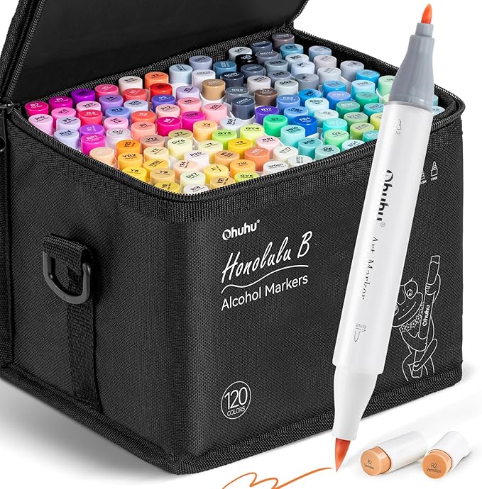 Ohuhu Alcohol Markers Brush Tip - 120-color AP Certificated Double Tipped Art Marker Set for Artist Adults Cozy Coloring Drawing Illustration - Brush and Fine Dual Tips - Honolulu B - Refillable