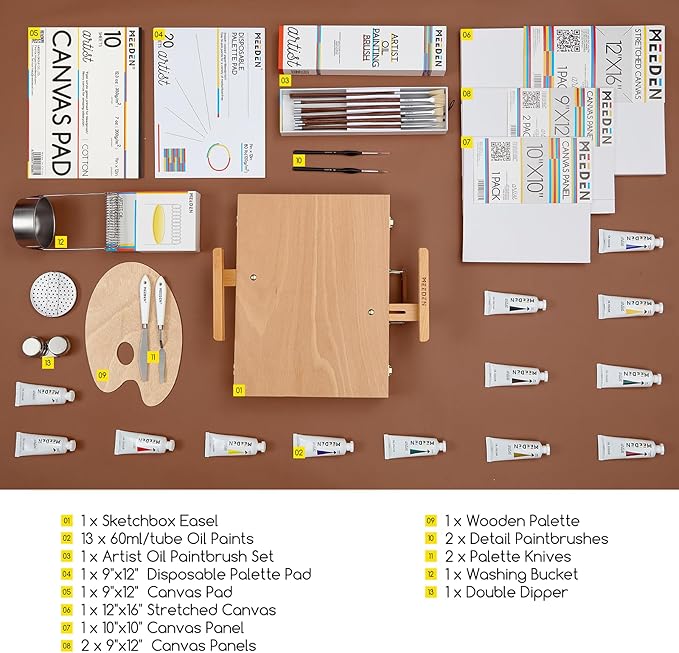 MEEDEN Oil Painting Kit, Painting Sets with Sketch Easel Box, Professional Art Paint Supplies Kit with Paint Brushes, Palette Knives, Canvases for Painting Supplies for Adults