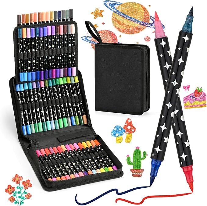 Glitter Markers Pens,120 Colors Dual Tip Brush Glitter Pens Set 60 Pack Sparkle Markers for Art Supplies Scrapbooking, Cards, DIY Crafts, Adults Coloring Books