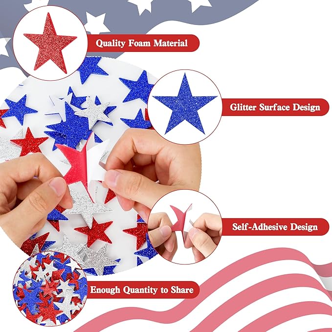 300 PCS 4th of July Star Stickers, Red Silver and Blue Glitter Stickers, Patriotic Self Adhesive Foam Stickers for Fourth of July Parade Party Accessories Decor Memorial Day Arts Craft Supplies