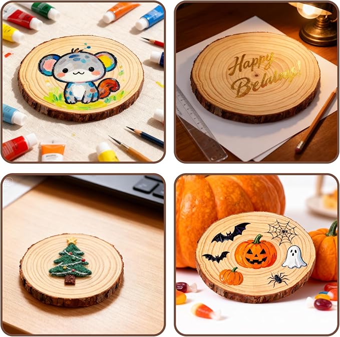FSWCCK 6 PCS Unfinished Wood Slices for Centerpieces - 6-7 Inch,Round Natural Discs with Tree Bark, Wooden Cookies Circles for Crafts Christmas Ornaments, Rustic Wedding Decor,Table Decoration(6"-7")