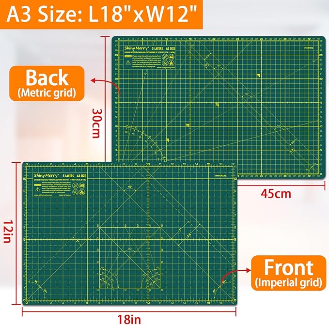 Self Healing Cutting Mat A3 12"x18" – Double Sided 5-Ply Craft Mat for Sewing, Quilting, Fabric, Scrapbooking – Green/Green