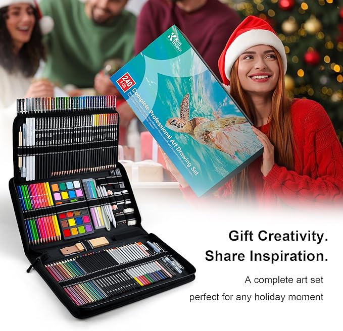 240PCS Artists Art Supplies - Drawing Kit with 3 Sketchbook, Coloring book - Graphite,Colored, Charcoal, Watercolor,Metallic,Fluorescent & Rainbow Pencils - for Artists and Beginners
