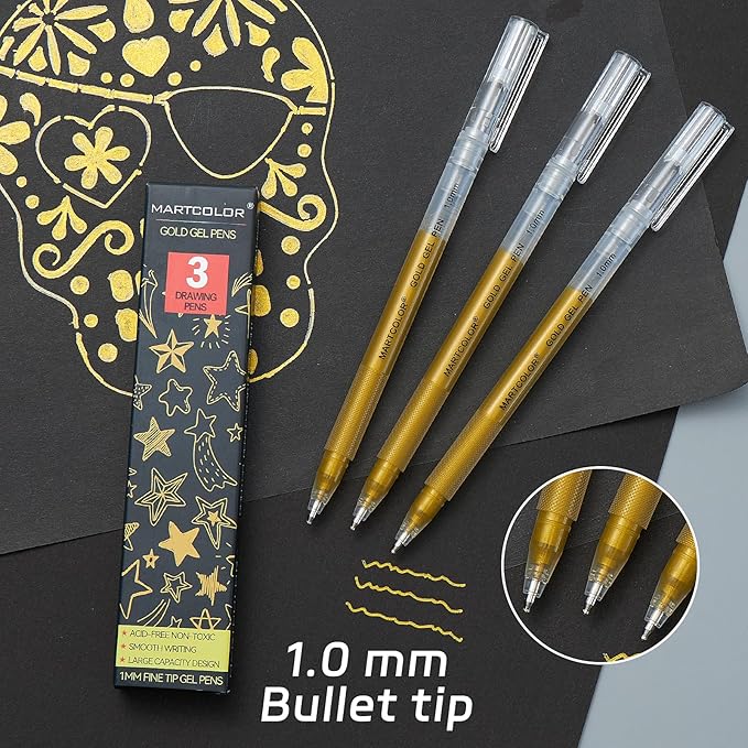 Gold Gel Pens, 1mm Fine Point Gel Ink Pen Opaque Archival Ink Pens for Black Paper Drawing, Sketching, Illustration, Card Making, Bullet Journaling, 3 Pack