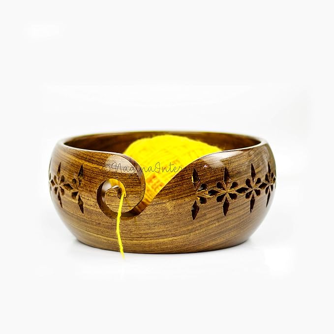 Nagina International Rosewood Crafted Wooden Yarn Storage Bowl With Carved Holes & Drills | Knitting Crochet Accessories (Small)