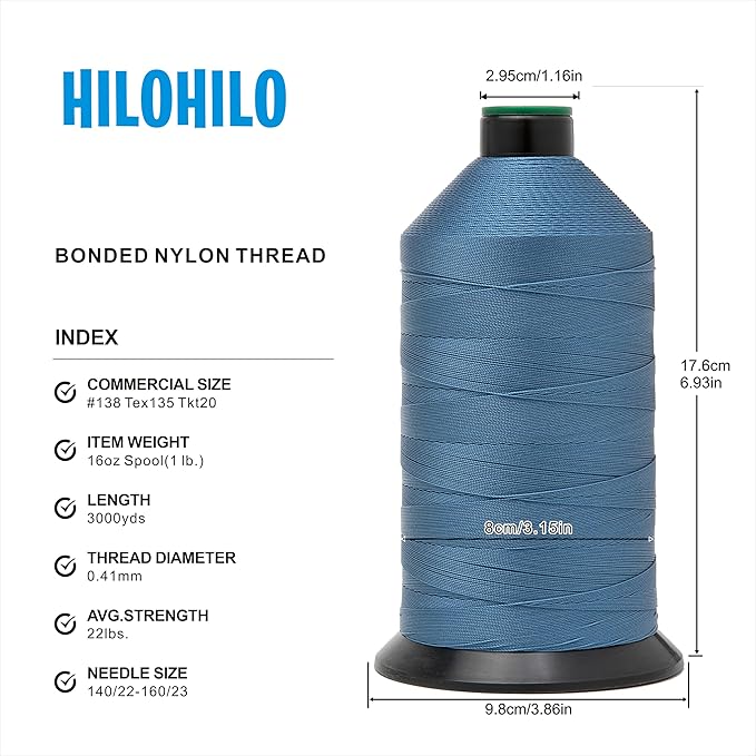 Extra Strong Bonded Nylon Thread #138 Tex135 – 16 OZ, 3000yds, Versatile Stitching Solution for Leather, Upholstery, Canvas Repair and More (Indigo