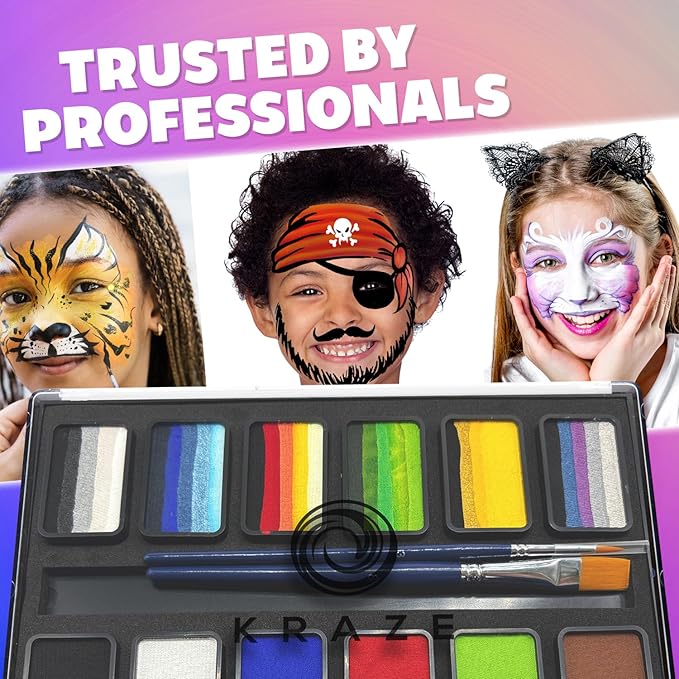 Kraze FX Transform Palette - 12 x 10 gm, Professional Face Painting, One Stroke Split Cake Palette, Water Activated, Hypoallergenic, Safe, Non Toxic Face Paint Kit for Kids & Adults