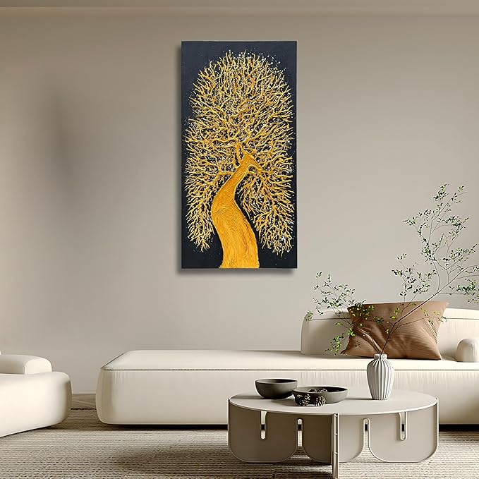 Art Hand-Painted Black and Gold Tree Texture Abstract Oil Painting 48x24-inch Vertical Canvas Painting for Home and Office Wall Decoration Art