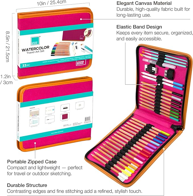 COLOUR BLOCK Watercolor Pencil Travel Art Set I 34pc Professional Drawing Kit, 50Sheets Drawing Pad, Paint Brushes I Vibrant Pigments for Coloring, Blending