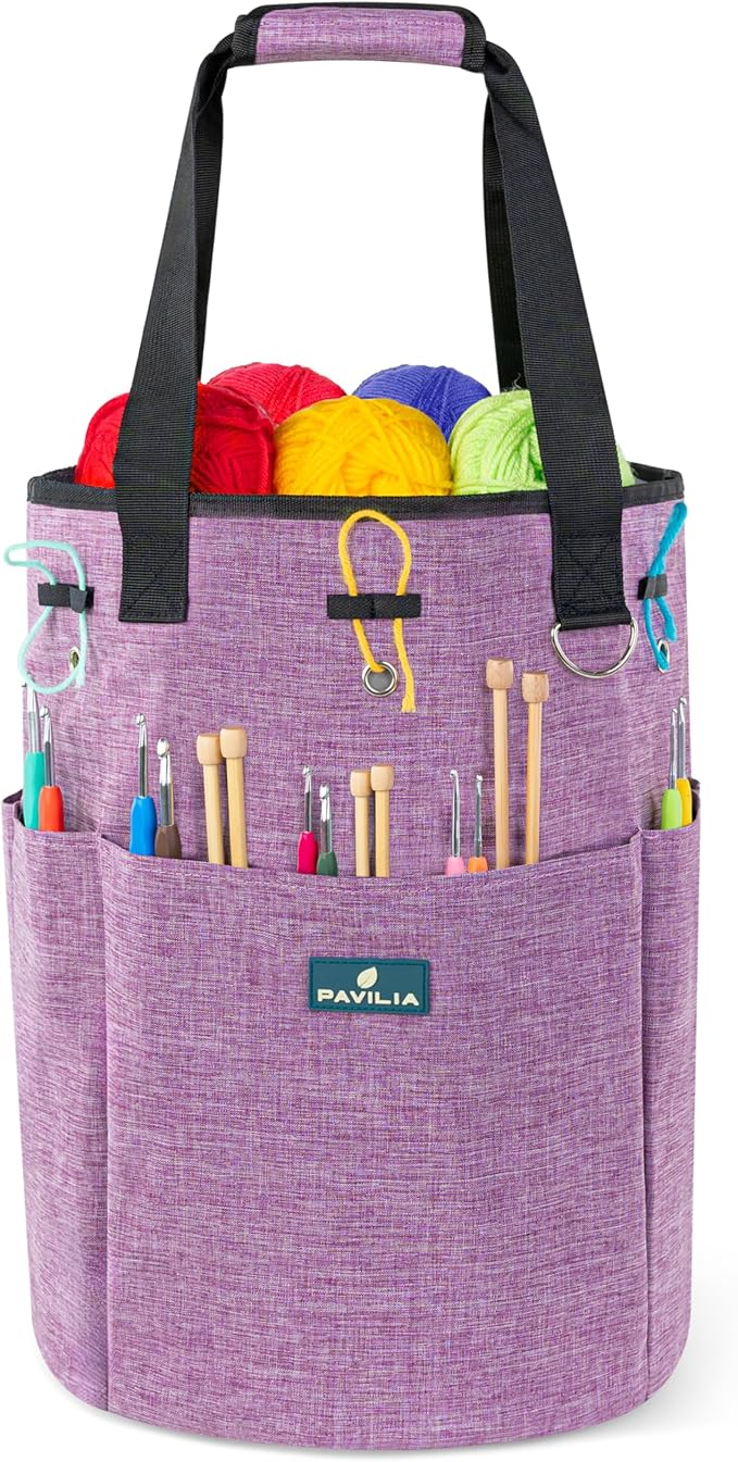PAVILIA Crochet Bag Knitting Bag Organizer, Yarn Bag Storage Tote for Crocheting On The Go, Knitting Accessories Supplies Holder with Grommets, Gift for Crochet Lovers Knitters (Heather Purple)