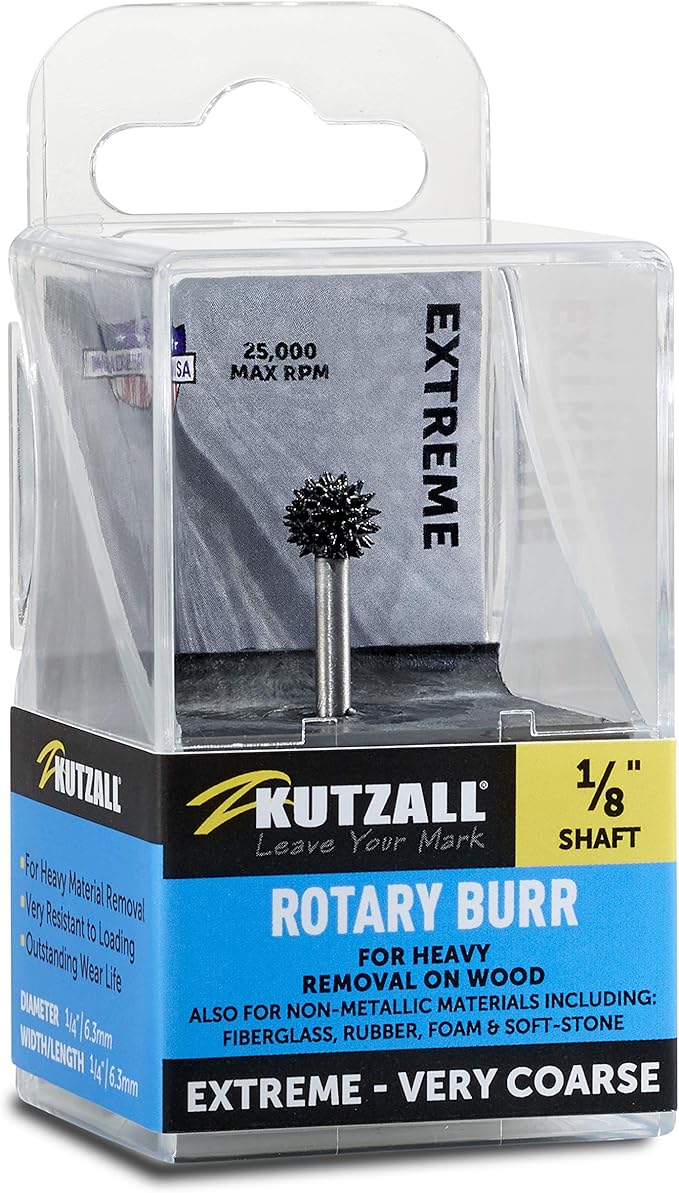 Kutzall Extreme Sphere Rotary Burr, 1⁄8" Shaft, Very Coarse - Wood Carving Bit for Dremel, Foredom, DeWalt, Milwaukee Tools. Abrasive Tungsten Carbide, 1⁄4" (6.3mm) Head Diameter, SX-14-EC