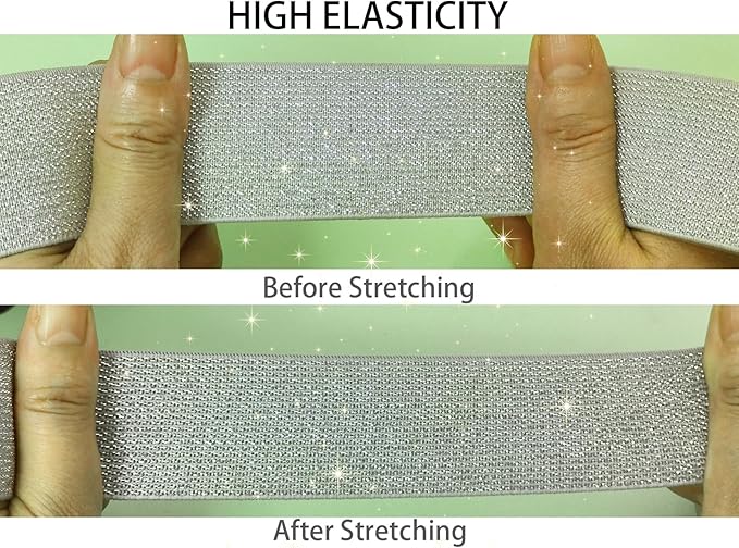 1.5 inch Silver White Glitter Knit Elastic Band for Sewing 5 Yards Metallic Gold Ribbon Trims Spool Non-Slip Heavy Elastic Stretchy Strap for Pants Waistband-Wigs-Skirts-Craft Projects