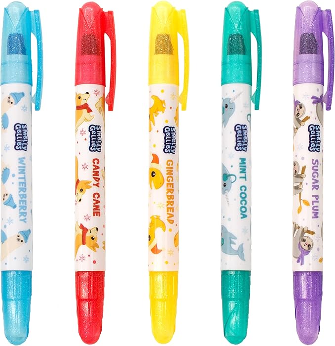 Holiday Smelly Gellies - Patented Gourmet Scented Glidewrite Glitter Gel Coloring Sticks, Crayons, Highlighters - 5 Count - Gifts for Kids, Stocking Stuffer