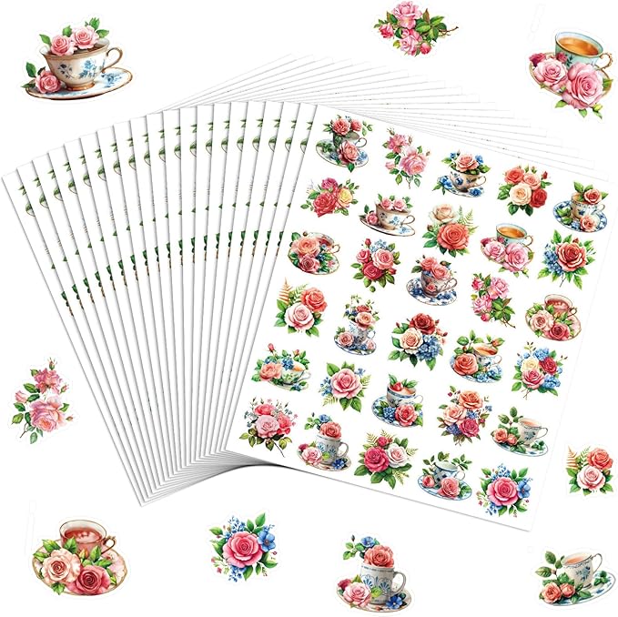 300 Pcs Rose Tea Cup Stickers Rustic Mini Teacup Stickers Tea Aesthetic Waterproof Vinyl Decals Pack for Water Bottles Scrapbooking Laptop Luggage Phone Skateboard
