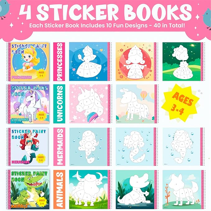 BulbaCraft 4Pcs Sticker Paint Books - Sticker Books by Number with Mermaids, Princesses, Animals and Unicorns - Coloring Activity