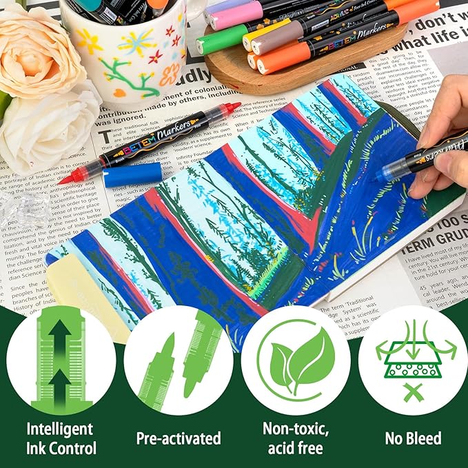 Betem Acrylic Paint Markers Paint Pens, 24 Colors Dual Tip Direct Liquid Acrylic Markers with Automatic Ink Control System, Fine & Brush Tip Art Supplies for Rocks, Wood, Stone, Fabrics, DIY Craft
