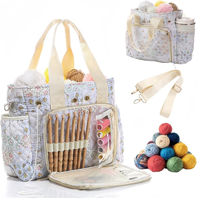 SilTriangle Large Floral Quilted Crochet Knitting Bags and Totes Organizer Cotton Yarn Hook Bag Holder Christmas Corduroy Gift for Crochet Lover Crocheting Accessories, Needle with Zipper, Size M