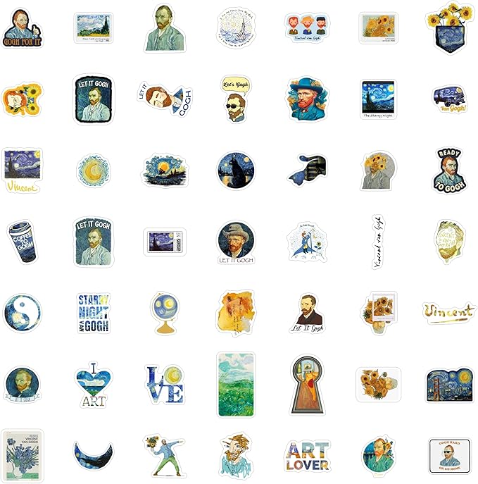 BulbaCraft 100Pcs Van Gogh Stickers for Water Bottle and Laptop - Van Gogh Party Supplies & Decorations, Waterproof Vinyl Decals, Art and Museum Stickers, Gifts for Women & Men
