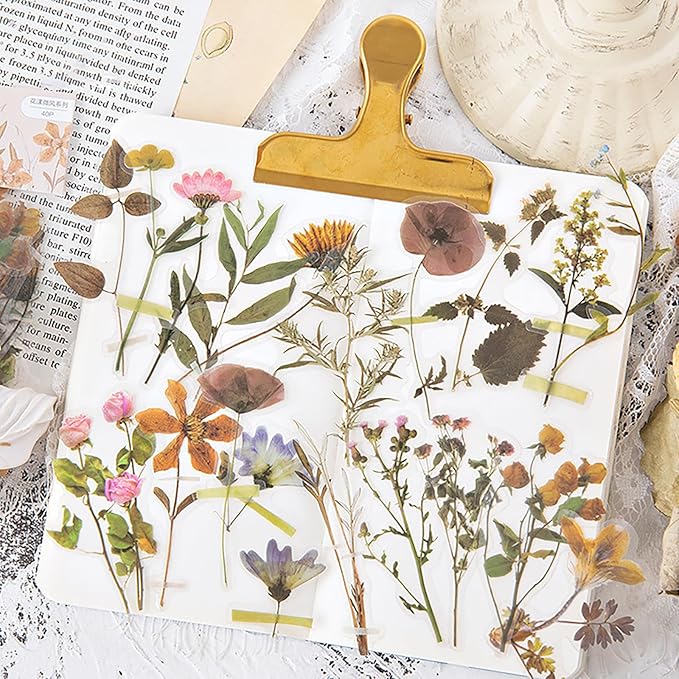 Maxleaf 80 Pieces Natural Vintage Flower Stickers, Self-Adhesive Transparent Flower Decals for Scrapbooking Supplies, Waterproof Nature Floral Clear Stickers for Adult Card Making Letters DIY