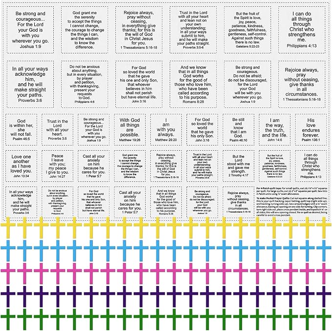 Pocket Prayer Quilt Panel Squares with Small Wooden Crosses Mini Scripture Pocket Prayer Quilt for Friend Family Religious Spiritual Gift Easter Reward Gift(Scripture,Colorful)