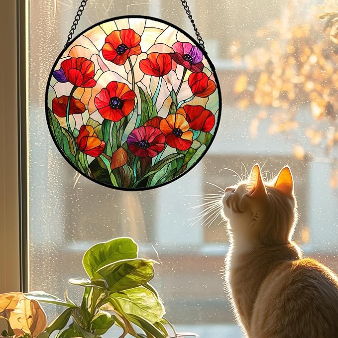 Stained Glass Window Hanging - Poppy Birth Flowers Suncatcher for Door Garden Yard Wildflowers Sun Catchers Decor Christmas Mother's Day Birthday Gifts for Women Mom Nana Friend 15 in